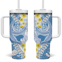 Blue Hawaii Shark Tattoo Tumbler With Handle Puakenikeni Lei Plumeria Polynesian Pattern LT14 One Size: 40 oz Blue - Polynesian Pride