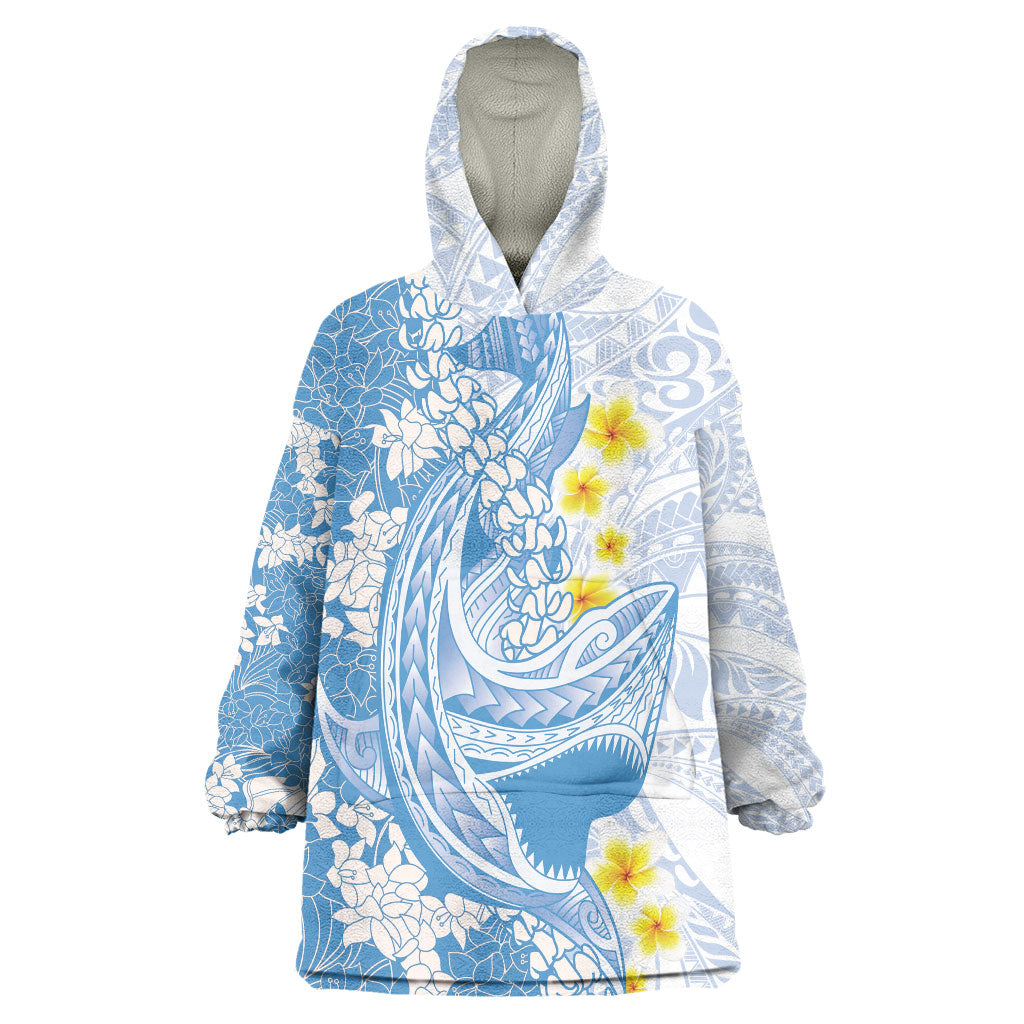 Blue Hawaii Shark Tattoo Wearable Blanket Hoodie Puakenikeni Lei Plumeria Polynesian Pattern LT14 One Size Blue - Polynesian Pride