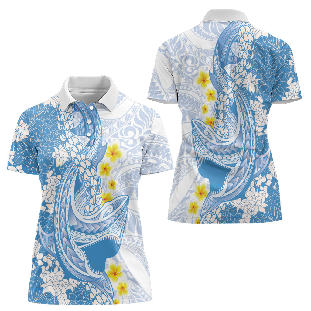 Blue Hawaii Shark Tattoo Women Polo Shirt Puakenikeni Lei Plumeria Polynesian Pattern LT14 - Polynesian Pride