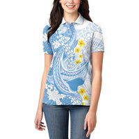 Blue Hawaii Shark Tattoo Women Polo Shirt Puakenikeni Lei Plumeria Polynesian Pattern LT14 - Polynesian Pride