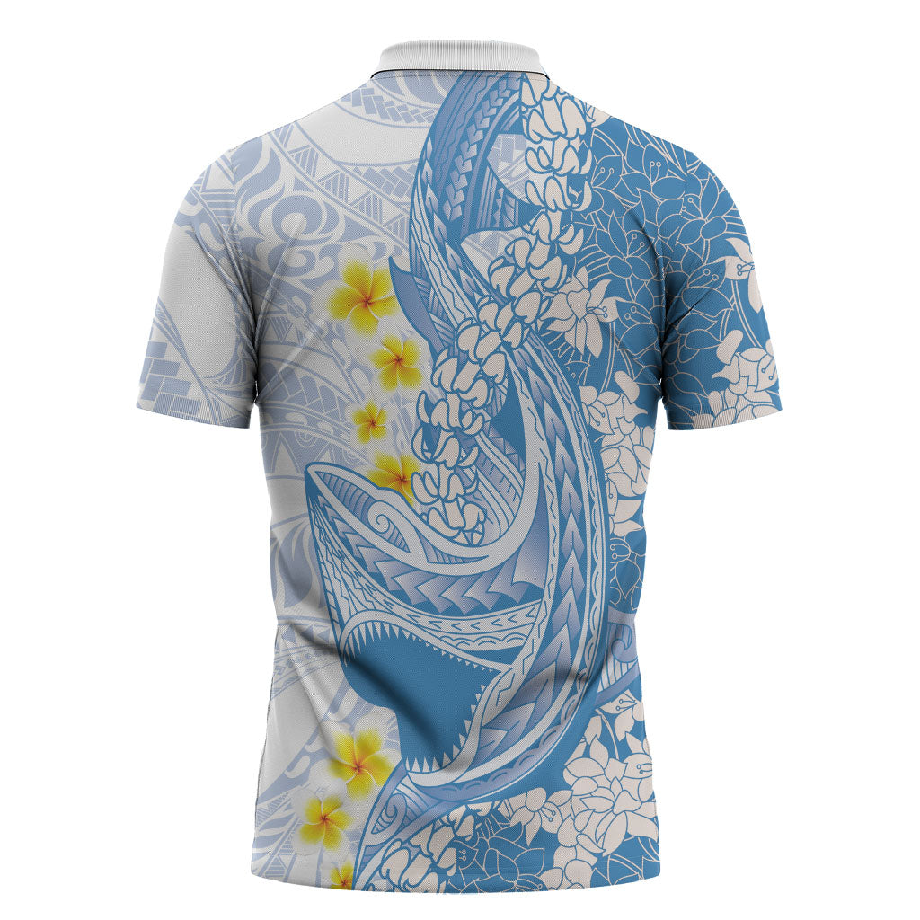 Blue Hawaii Shark Tattoo Zipper Polo Shirt Puakenikeni Lei Plumeria Polynesian Pattern LT14 - Polynesian Pride