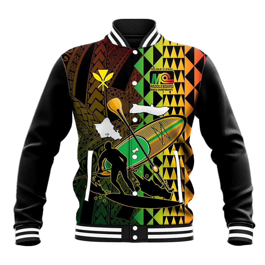 Paddle Board Hawaii Baseball Jacket Molokai 2 Oahu World Championships Kakau Pattern LT14 Unisex Black - Polynesian Pride