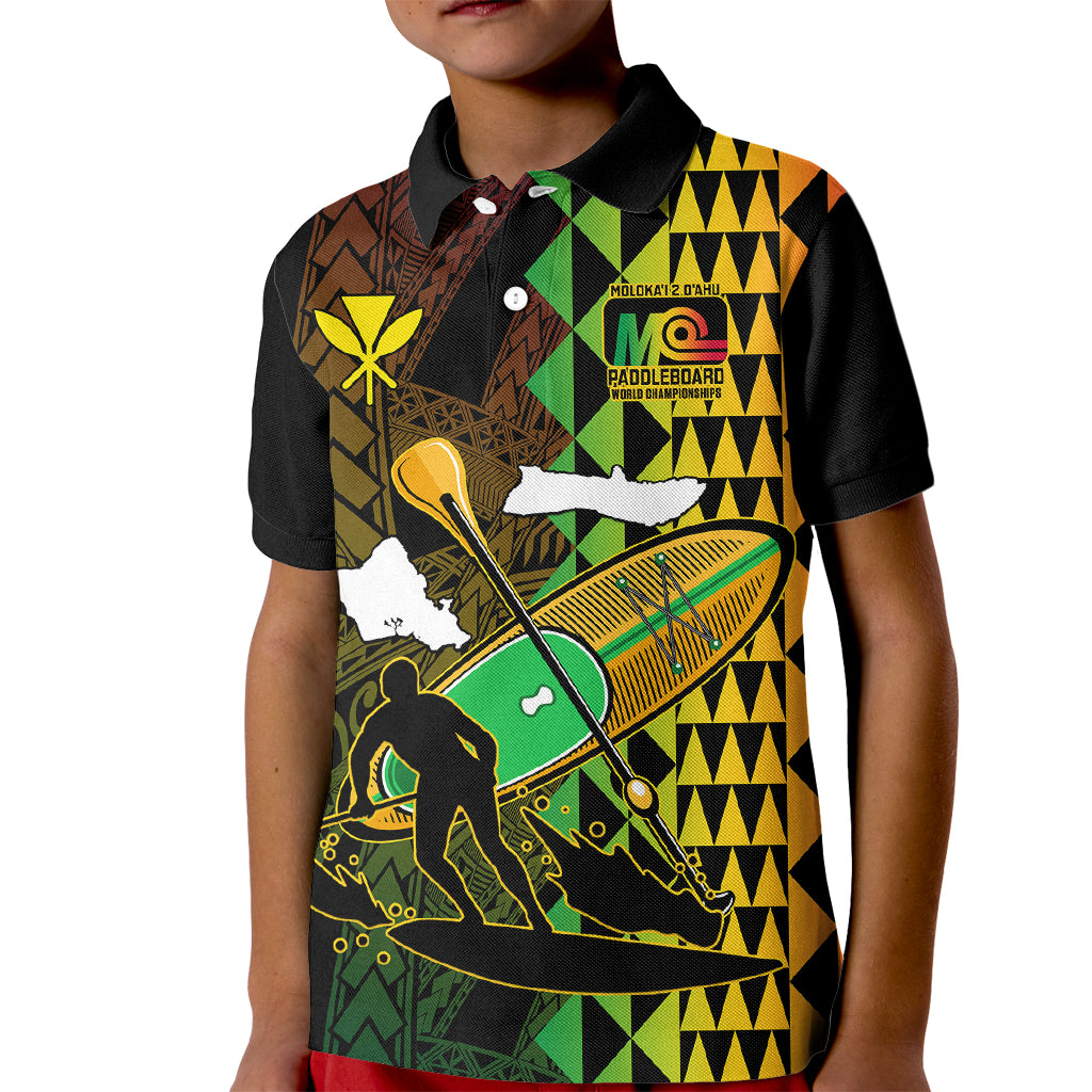 Paddle Board Hawaii Kid Polo Shirt Molokai 2 Oahu World Championships Kakau Pattern LT14 Kid Black - Polynesian Pride