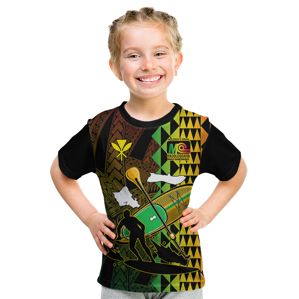 Paddle Board Hawaii Kid T Shirt Molokai 2 Oahu World Championships Kakau Pattern LT14 Black - Polynesian Pride