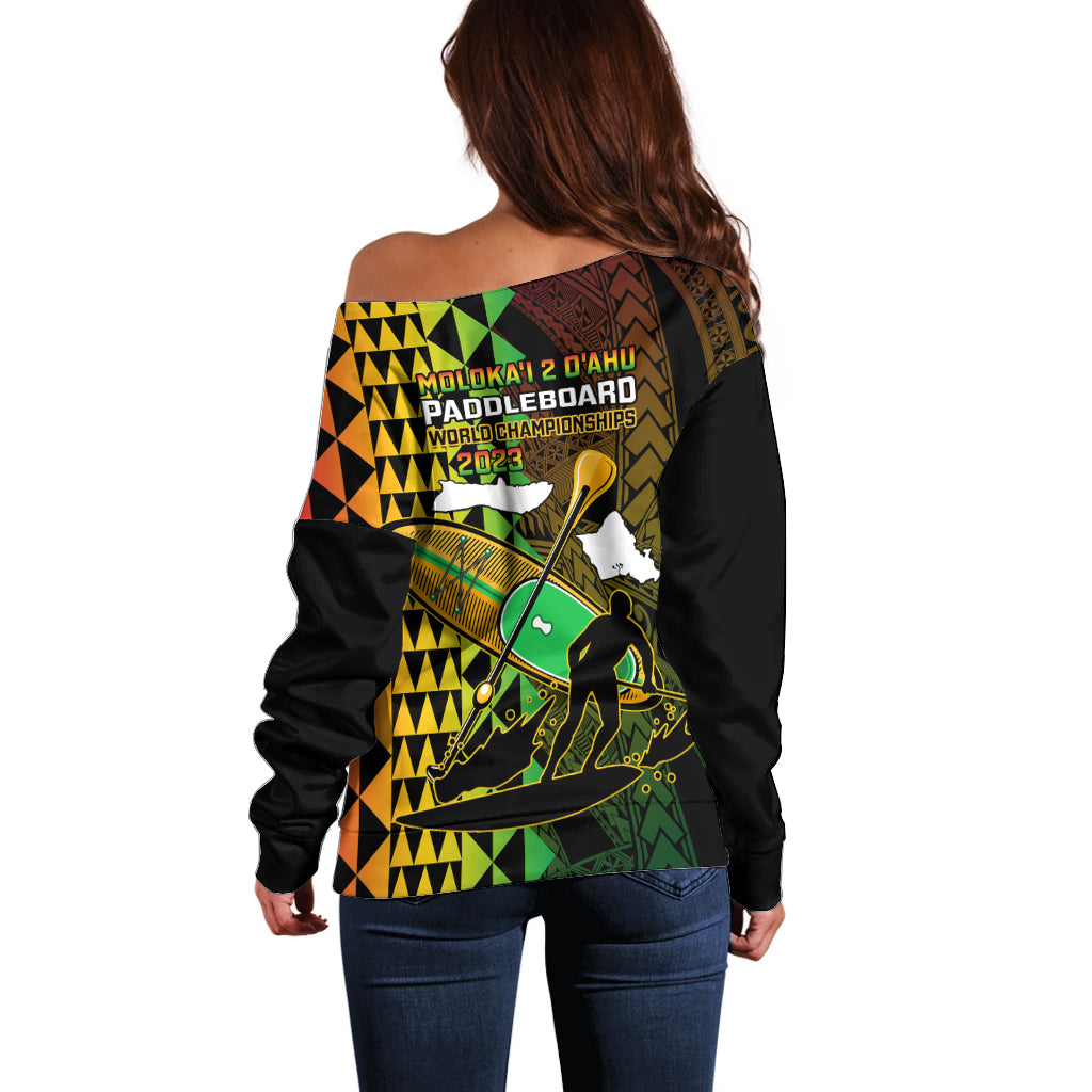 Paddle Board Hawaii Off Shoulder Sweater Molokai 2 Oahu World Championships Kakau Pattern LT14 - Polynesian Pride