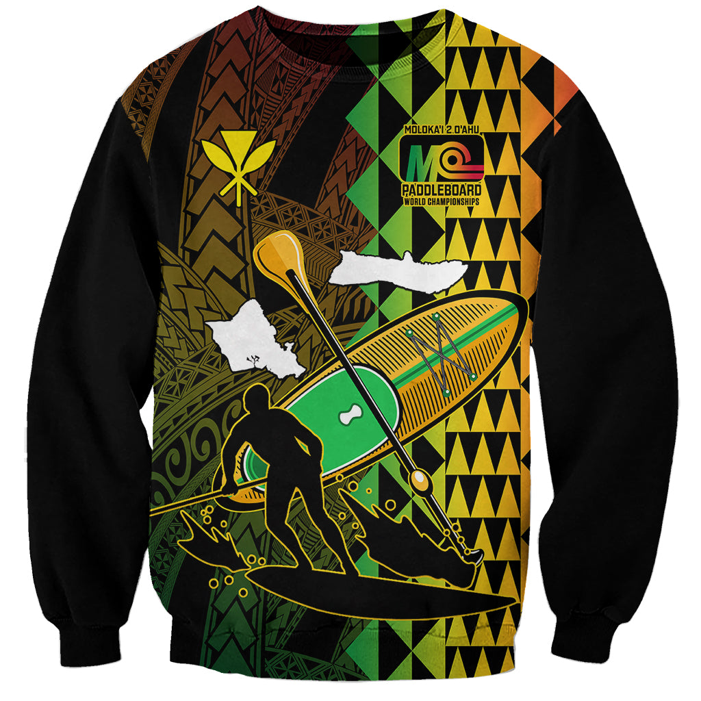 Paddle Board Hawaii Sweatshirt Molokai 2 Oahu World Championships Kakau Pattern LT14 Unisex Black - Polynesian Pride
