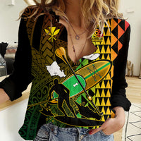 Paddle Board Hawaii Women Casual Shirt Molokai 2 Oahu World Championships Kakau Pattern LT14 Female Black - Polynesian Pride