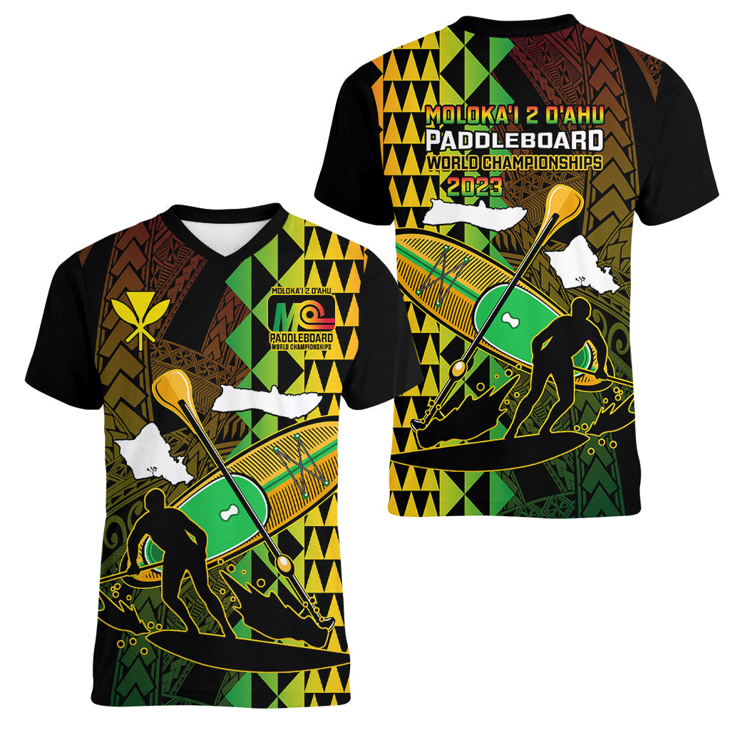 Paddle Board Hawaii Women V Neck T Shirt Molokai 2 Oahu World Championships Kakau Pattern LT14 - Polynesian Pride