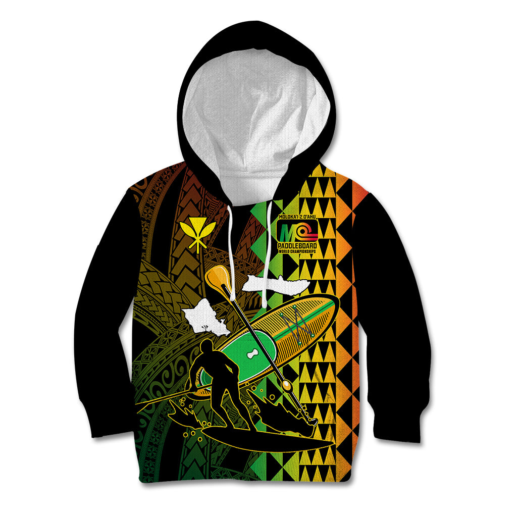 Personalised Paddle Board Hawaii Kid Hoodie Molokai 2 Oahu World Championships Kakau Pattern LT14 Hoodie Black - Polynesian Pride