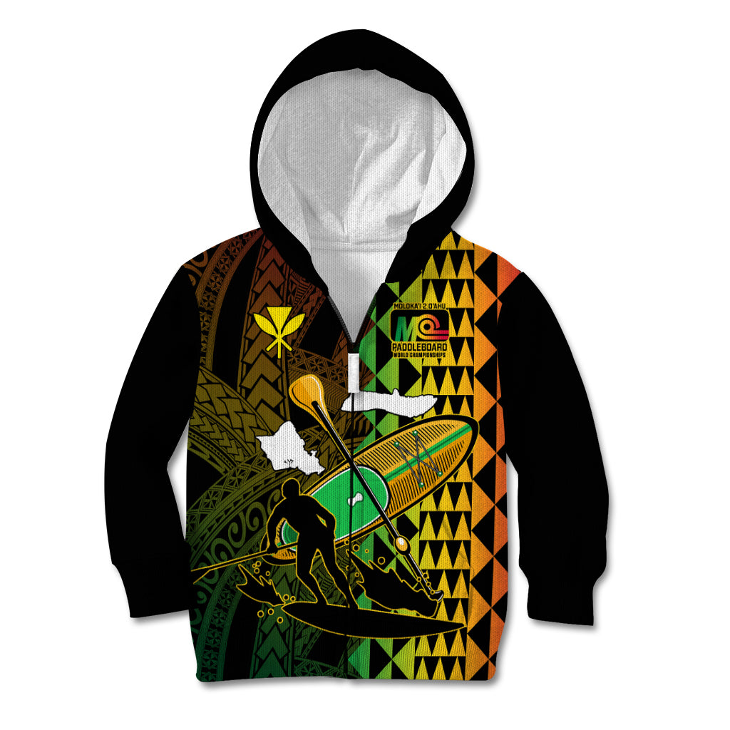 Personalised Paddle Board Hawaii Kid Hoodie Molokai 2 Oahu World Championships Kakau Pattern LT14 Zip Hoodie Black - Polynesian Pride