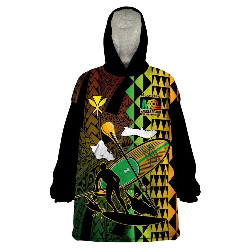 Personalised Paddle Board Hawaii Wearable Blanket Hoodie Molokai 2 Oahu World Championships Kakau Pattern LT14 One Size Black - Polynesian Pride