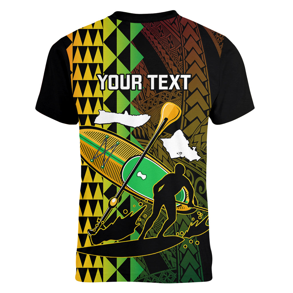 Personalised Paddle Board Hawaii Women V Neck T Shirt Molokai 2 Oahu World Championships Kakau Pattern LT14 - Polynesian Pride