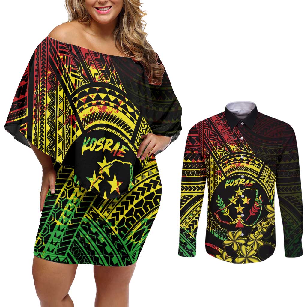 Reggae Kosrae Liberation Day Couples Matching Off Shoulder Short Dress and Long Sleeve Button Shirt September 8 Polynesian Tattoo - Polynesian Pride