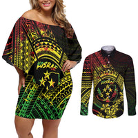 Reggae Kosrae Liberation Day Couples Matching Off Shoulder Short Dress and Long Sleeve Button Shirt September 8 Polynesian Tattoo - Polynesian Pride