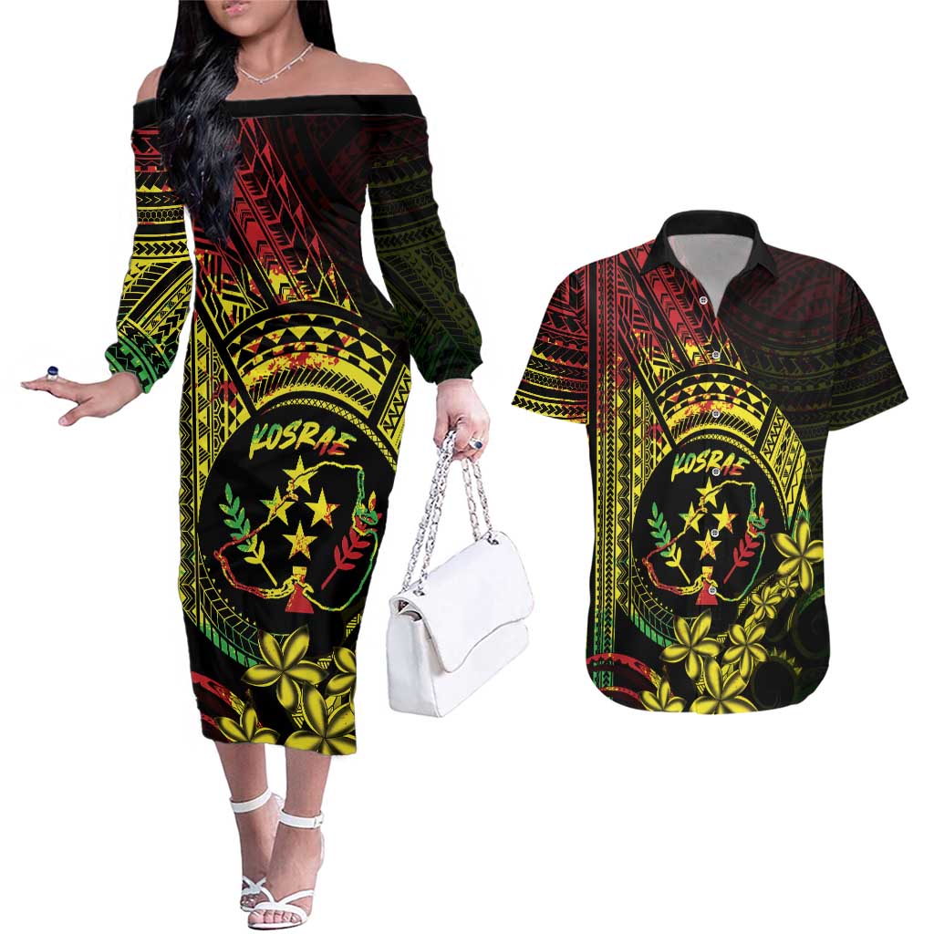 Reggae Kosrae Liberation Day Couples Matching Off The Shoulder Long Sleeve Dress and Hawaiian Shirt September 8 Polynesian Tattoo - Polynesian Pride