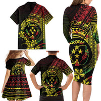 Reggae Kosrae Liberation Day Family Matching Long Sleeve Bodycon Dress and Hawaiian Shirt September 8 Polynesian Tattoo - Polynesian Pride
