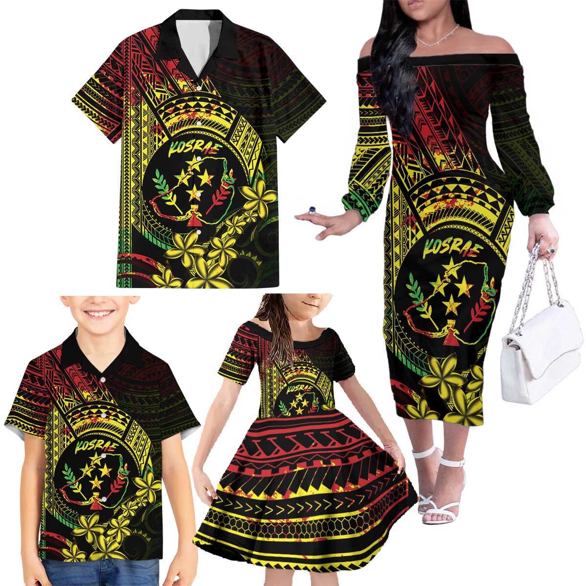 Reggae Kosrae Liberation Day Family Matching Off The Shoulder Long Sleeve Dress and Hawaiian Shirt September 8 Polynesian Tattoo - Polynesian Pride