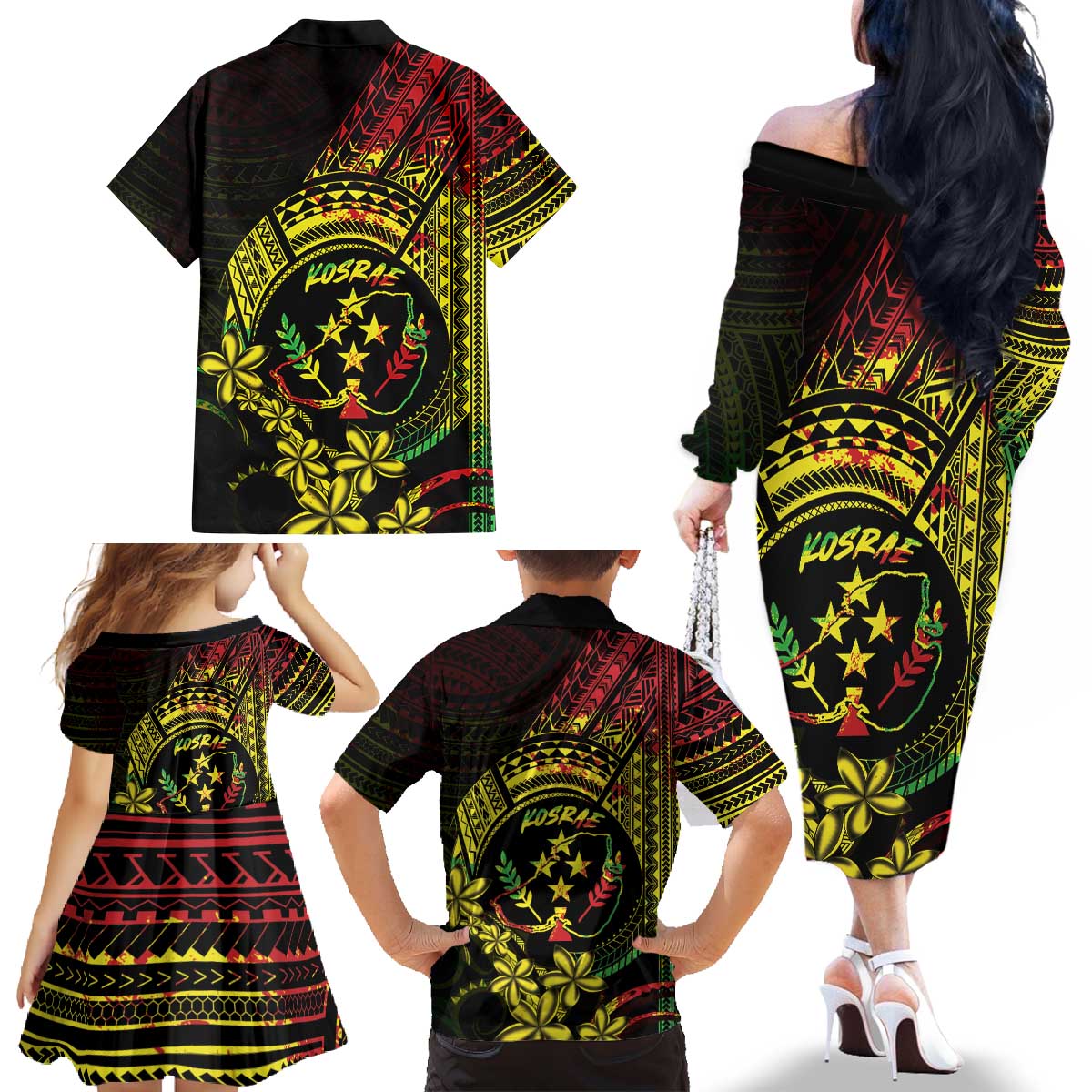 Reggae Kosrae Liberation Day Family Matching Off The Shoulder Long Sleeve Dress and Hawaiian Shirt September 8 Polynesian Tattoo - Polynesian Pride
