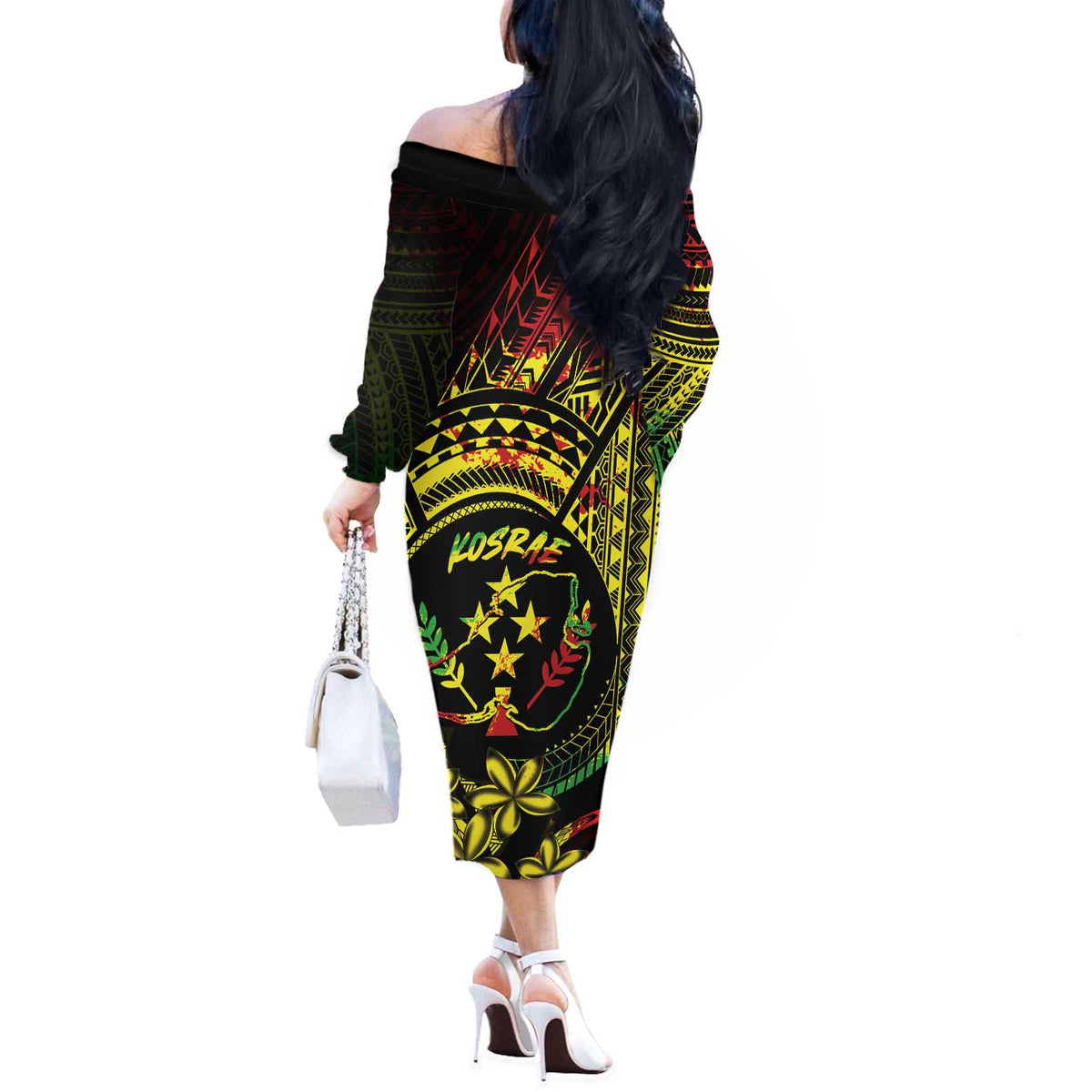Reggae Kosrae Liberation Day Off The Shoulder Long Sleeve Dress September 8 Polynesian Tattoo - Polynesian Pride