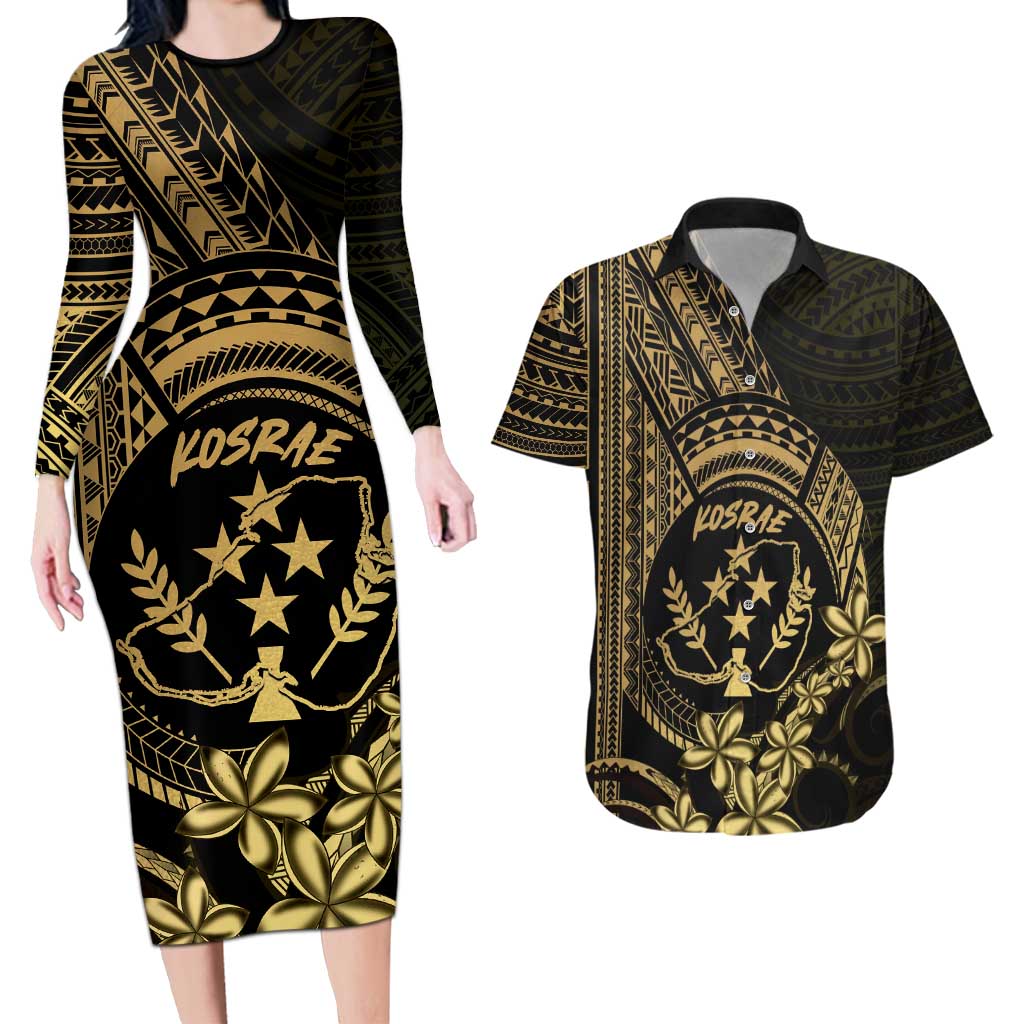 Gold Kosrae Liberation Day Couples Matching Long Sleeve Bodycon Dress and Hawaiian Shirt September 8 Polynesian Tattoo - Polynesian Pride