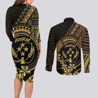 Gold Kosrae Liberation Day Couples Matching Long Sleeve Bodycon Dress and Long Sleeve Button Shirt September 8 Polynesian Tattoo - Polynesian Pride