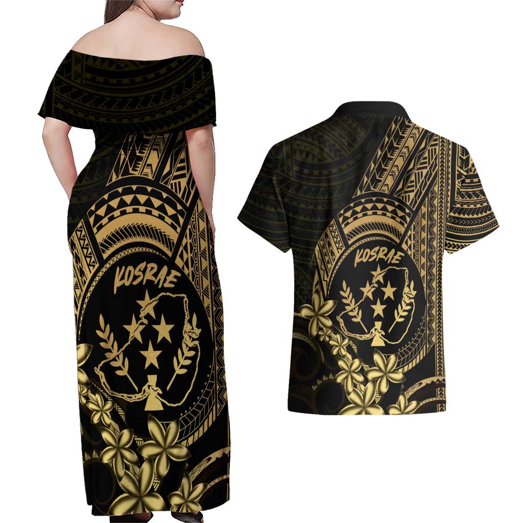 Gold Kosrae Liberation Day Couples Matching Off Shoulder Maxi Dress and Hawaiian Shirt September 8 Polynesian Tattoo - Polynesian Pride