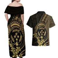 Gold Kosrae Liberation Day Couples Matching Off Shoulder Maxi Dress and Hawaiian Shirt September 8 Polynesian Tattoo - Polynesian Pride