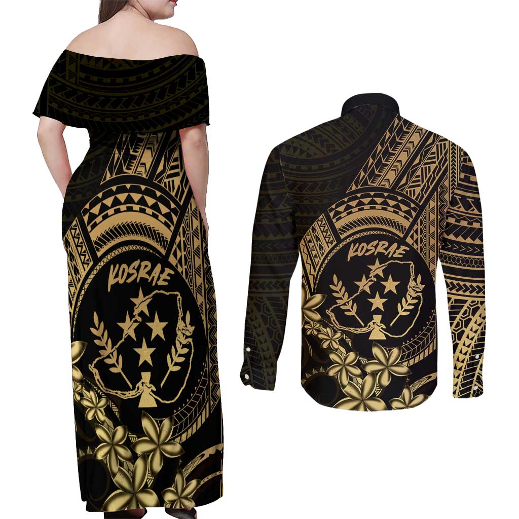 Gold Kosrae Liberation Day Couples Matching Off Shoulder Maxi Dress and Long Sleeve Button Shirt September 8 Polynesian Tattoo - Polynesian Pride
