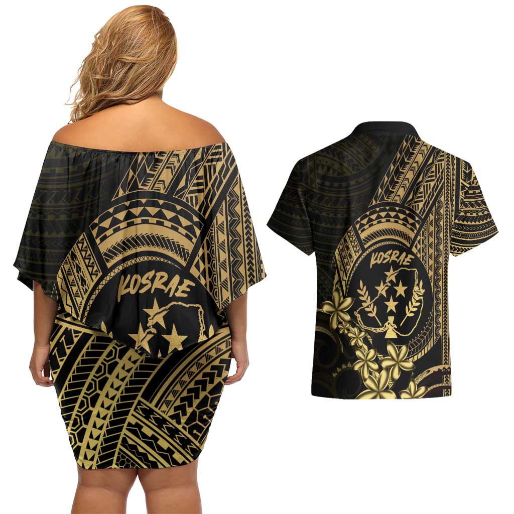 Gold Kosrae Liberation Day Couples Matching Off Shoulder Short Dress and Hawaiian Shirt September 8 Polynesian Tattoo - Polynesian Pride