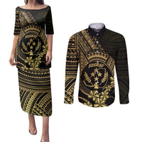 Gold Kosrae Liberation Day Couples Matching Puletasi and Long Sleeve Button Shirt September 8 Polynesian Tattoo - Polynesian Pride