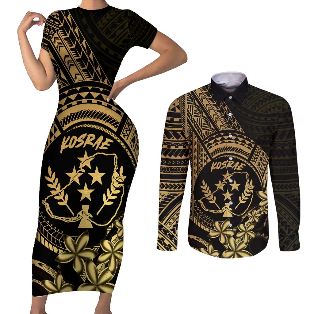 Gold Kosrae Liberation Day Couples Matching Short Sleeve Bodycon Dress and Long Sleeve Button Shirt September 8 Polynesian Tattoo - Polynesian Pride