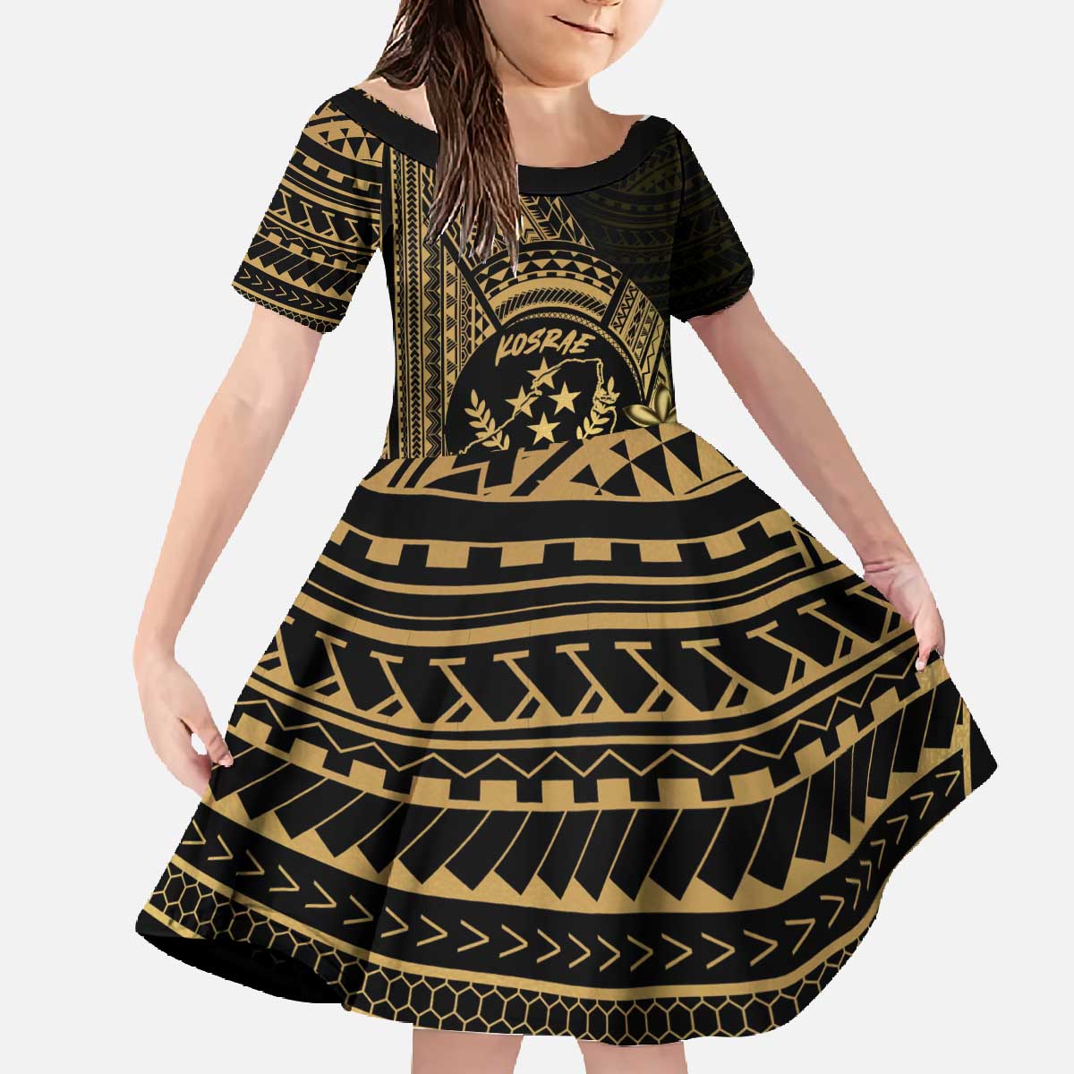 Gold Kosrae Liberation Day Family Matching Off The Shoulder Long Sleeve Dress and Hawaiian Shirt September 8 Polynesian Tattoo - Polynesian Pride