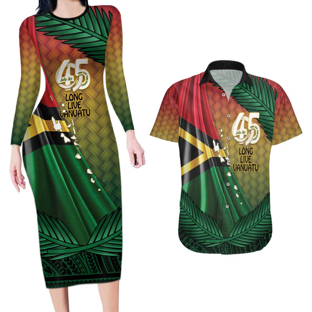 Personalised Long Live Vanuatu Independence Day Couples Matching Long Sleeve Bodycon Dress and Hawaiian Shirt 45th Anniversary Woven Pattern LT14 Reggae - Polynesian Pride