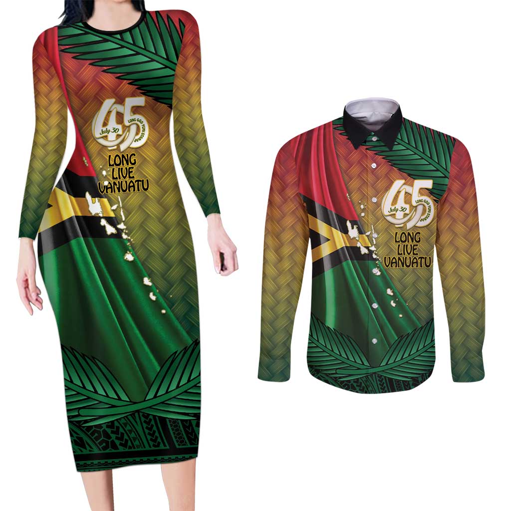 Personalised Long Live Vanuatu Independence Day Couples Matching Long Sleeve Bodycon Dress and Long Sleeve Button Shirt 45th Anniversary Woven Pattern LT14 Reggae - Polynesian Pride