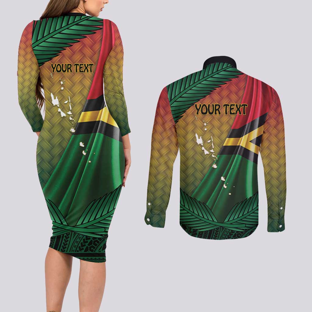 Personalised Long Live Vanuatu Independence Day Couples Matching Long Sleeve Bodycon Dress and Long Sleeve Button Shirt 45th Anniversary Woven Pattern LT14 - Polynesian Pride