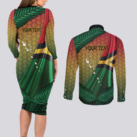 Personalised Long Live Vanuatu Independence Day Couples Matching Long Sleeve Bodycon Dress and Long Sleeve Button Shirt 45th Anniversary Woven Pattern LT14 - Polynesian Pride