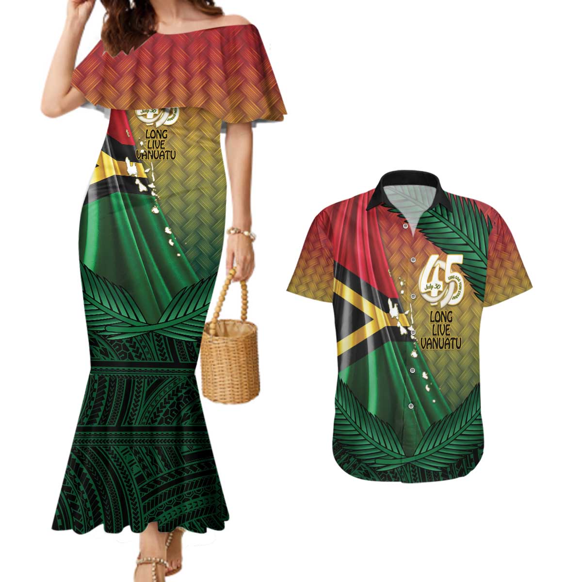 Personalised Long Live Vanuatu Independence Day Couples Matching Mermaid Dress and Hawaiian Shirt 45th Anniversary Woven Pattern LT14 Reggae - Polynesian Pride