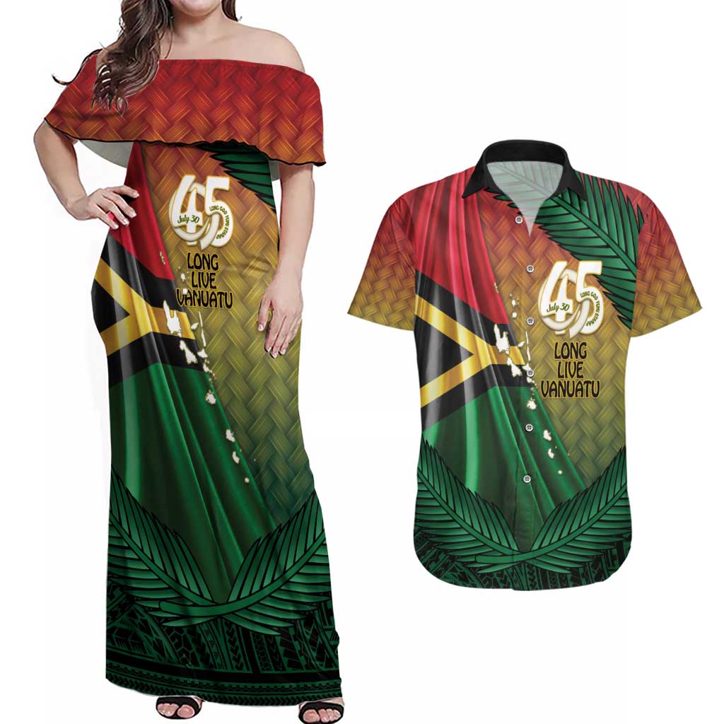 Personalised Long Live Vanuatu Independence Day Couples Matching Off Shoulder Maxi Dress and Hawaiian Shirt 45th Anniversary Woven Pattern LT14 Reggae - Polynesian Pride