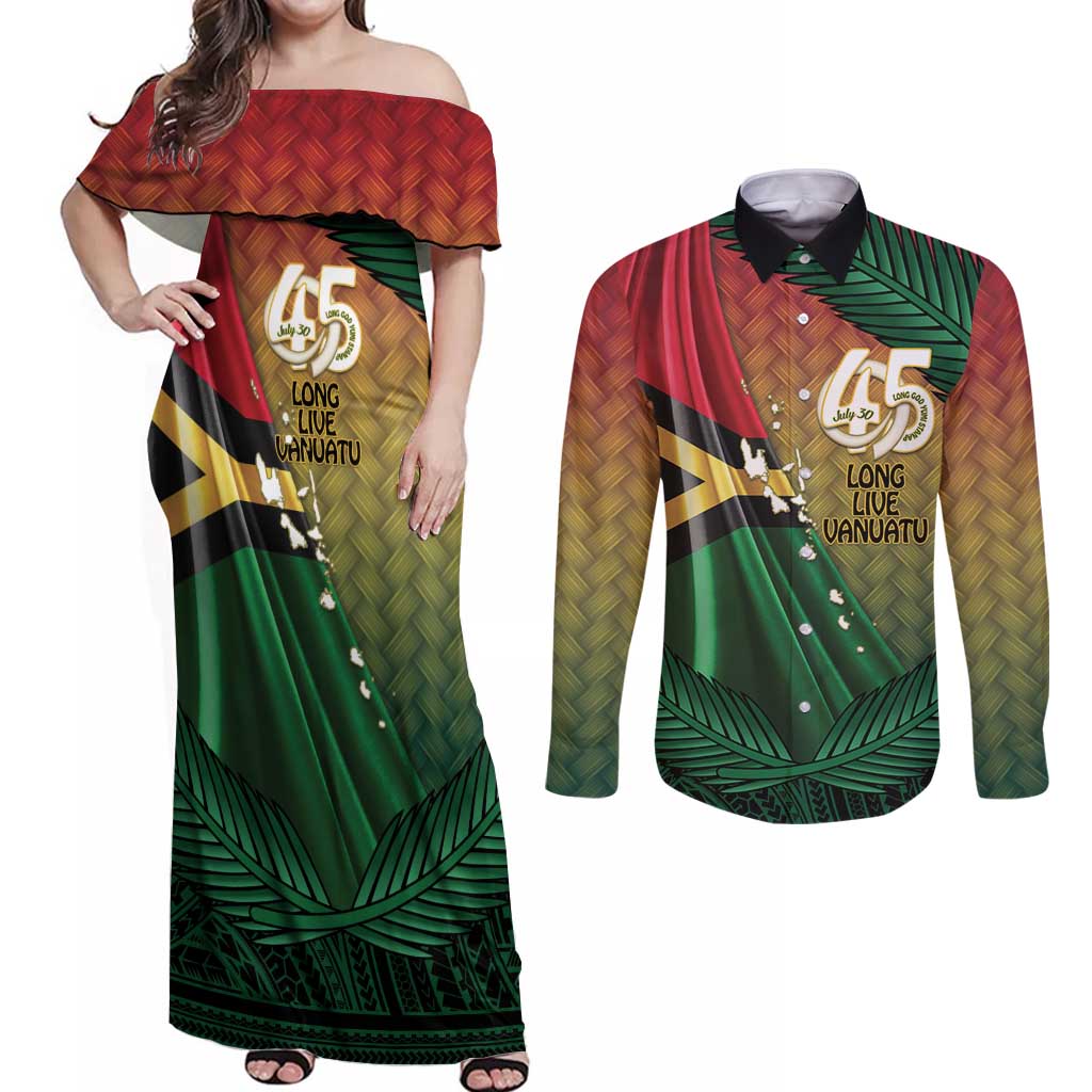Personalised Long Live Vanuatu Independence Day Couples Matching Off Shoulder Maxi Dress and Long Sleeve Button Shirt 45th Anniversary Woven Pattern LT14 Reggae - Polynesian Pride