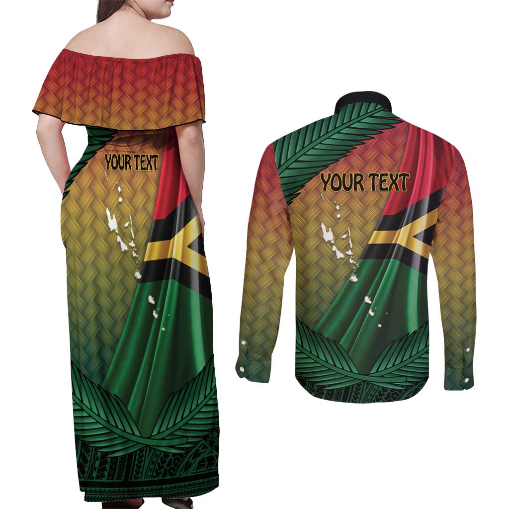 Personalised Long Live Vanuatu Independence Day Couples Matching Off Shoulder Maxi Dress and Long Sleeve Button Shirt 45th Anniversary Woven Pattern LT14 - Polynesian Pride