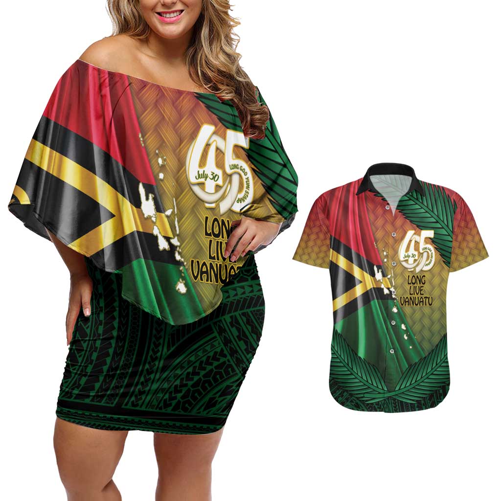 Personalised Long Live Vanuatu Independence Day Couples Matching Off Shoulder Short Dress and Hawaiian Shirt 45th Anniversary Woven Pattern LT14 Reggae - Polynesian Pride