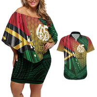 Personalised Long Live Vanuatu Independence Day Couples Matching Off Shoulder Short Dress and Hawaiian Shirt 45th Anniversary Woven Pattern LT14 Reggae - Polynesian Pride