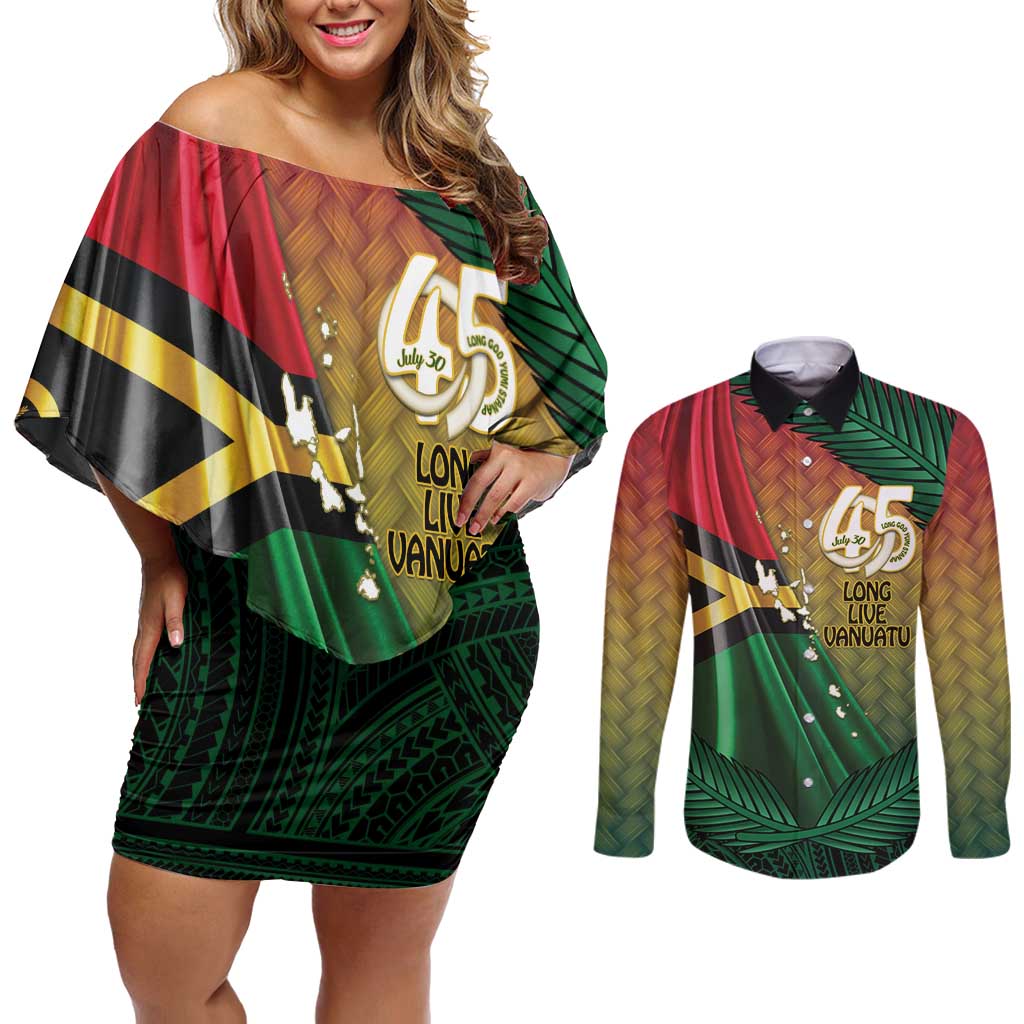Personalised Long Live Vanuatu Independence Day Couples Matching Off Shoulder Short Dress and Long Sleeve Button Shirt 45th Anniversary Woven Pattern LT14 Reggae - Polynesian Pride