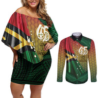 Personalised Long Live Vanuatu Independence Day Couples Matching Off Shoulder Short Dress and Long Sleeve Button Shirt 45th Anniversary Woven Pattern LT14 Reggae - Polynesian Pride