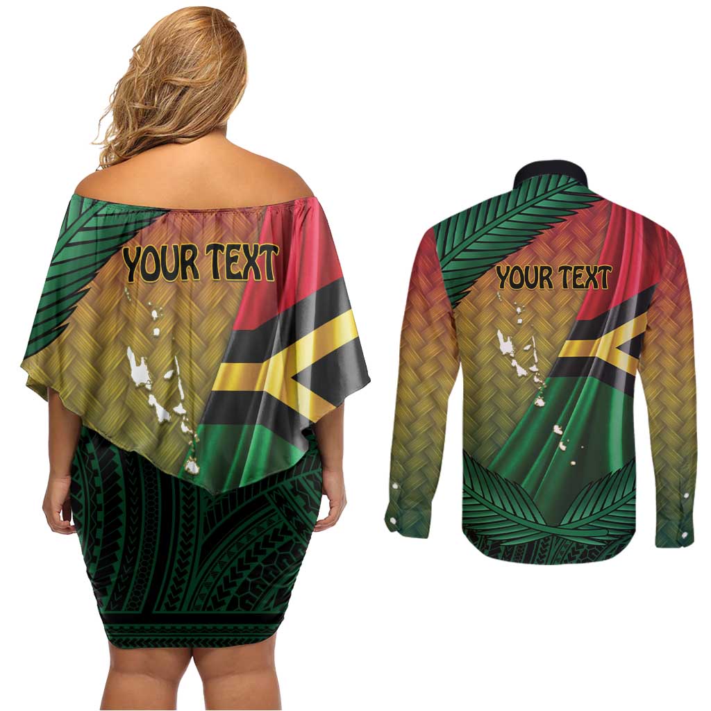 Personalised Long Live Vanuatu Independence Day Couples Matching Off Shoulder Short Dress and Long Sleeve Button Shirt 45th Anniversary Woven Pattern LT14 - Polynesian Pride