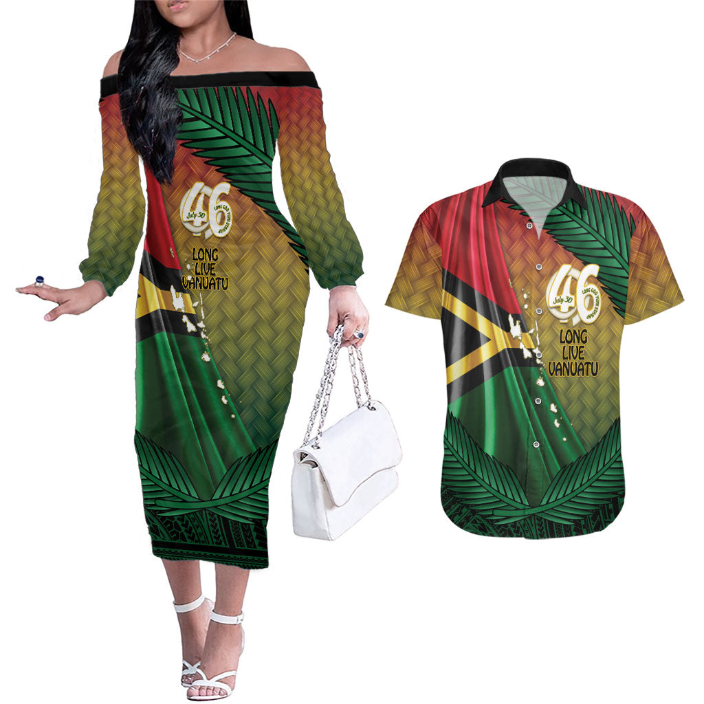 Personalised Long Live Vanuatu Independence Day Couples Matching Off The Shoulder Long Sleeve Dress and Hawaiian Shirt 46th Anniversary Woven Pattern LT14 Reggae - Polynesian Pride