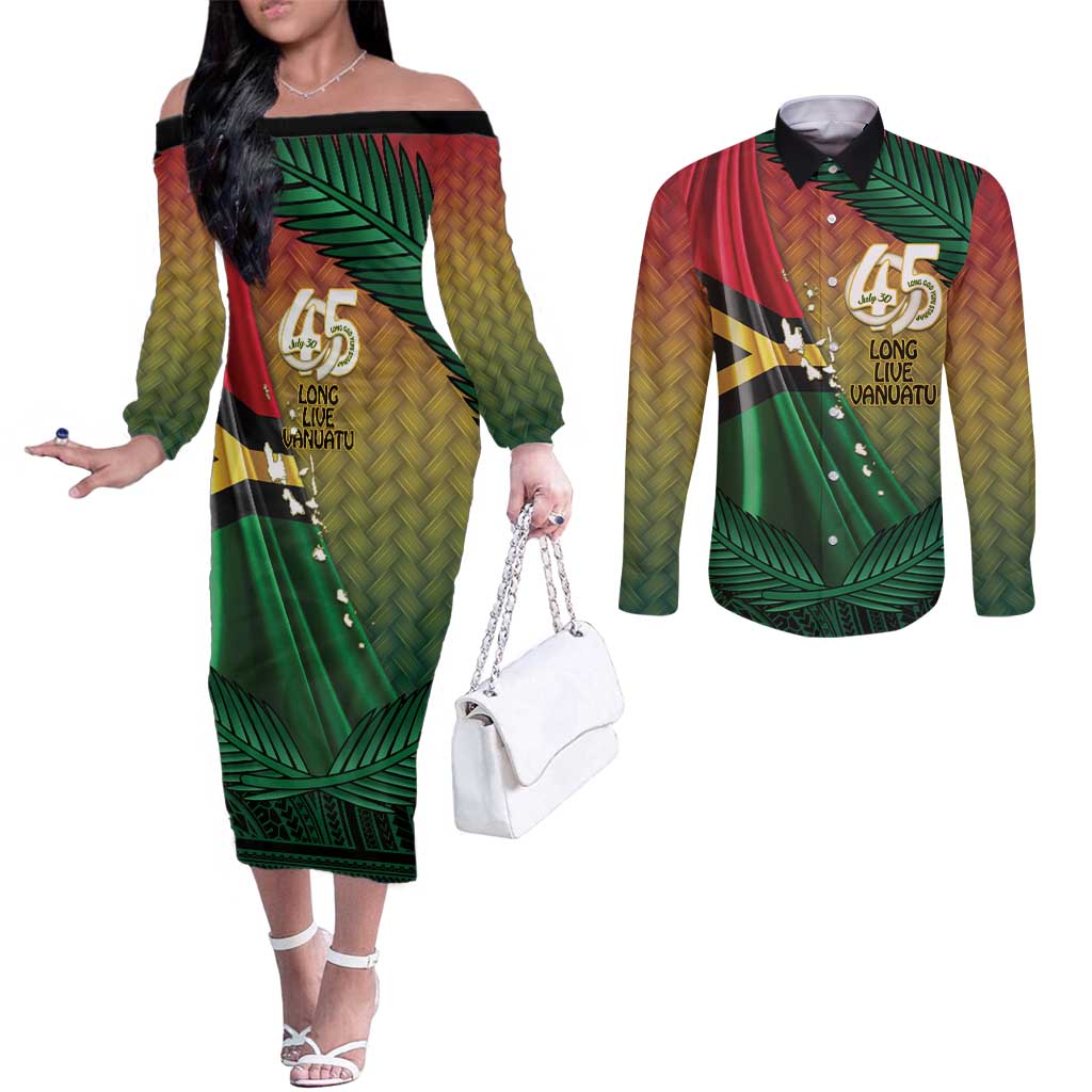 Personalised Long Live Vanuatu Independence Day Couples Matching Off The Shoulder Long Sleeve Dress and Long Sleeve Button Shirt 45th Anniversary Woven Pattern LT14 Reggae - Polynesian Pride