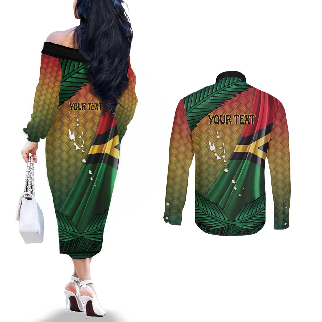 Personalised Long Live Vanuatu Independence Day Couples Matching Off The Shoulder Long Sleeve Dress and Long Sleeve Button Shirt 45th Anniversary Woven Pattern LT14 - Polynesian Pride