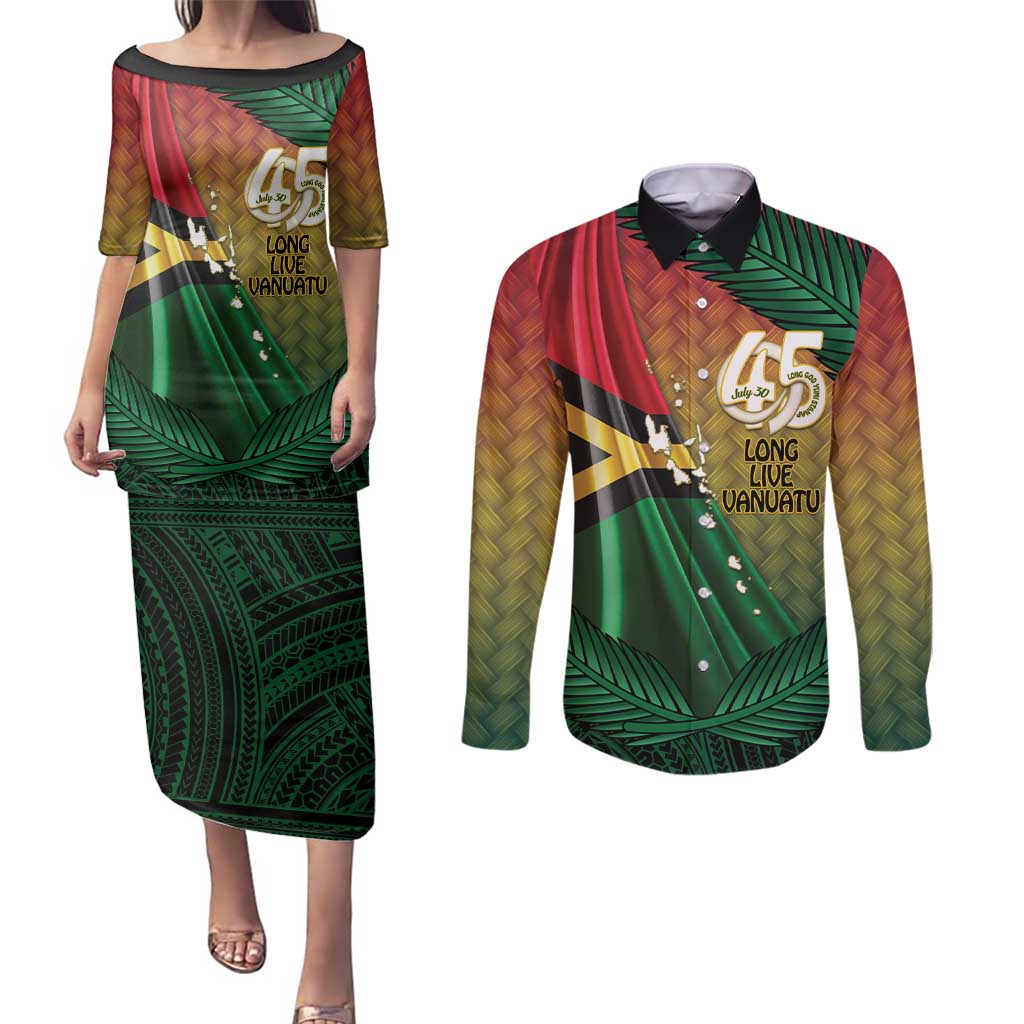Personalised Long Live Vanuatu Independence Day Couples Matching Puletasi and Long Sleeve Button Shirt 45th Anniversary Woven Pattern LT14 Reggae - Polynesian Pride