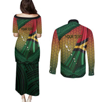 Personalised Long Live Vanuatu Independence Day Couples Matching Puletasi and Long Sleeve Button Shirt 45th Anniversary Woven Pattern LT14 - Polynesian Pride